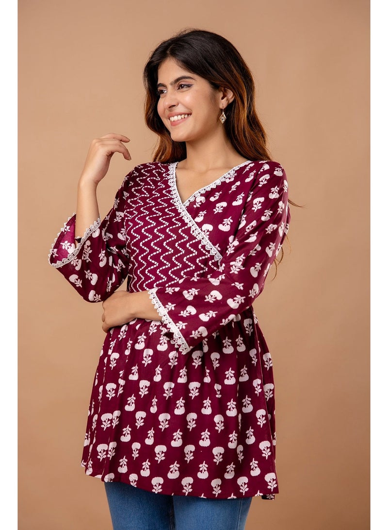 Aasira Maroon Floral Printed Top for Women - Image 2